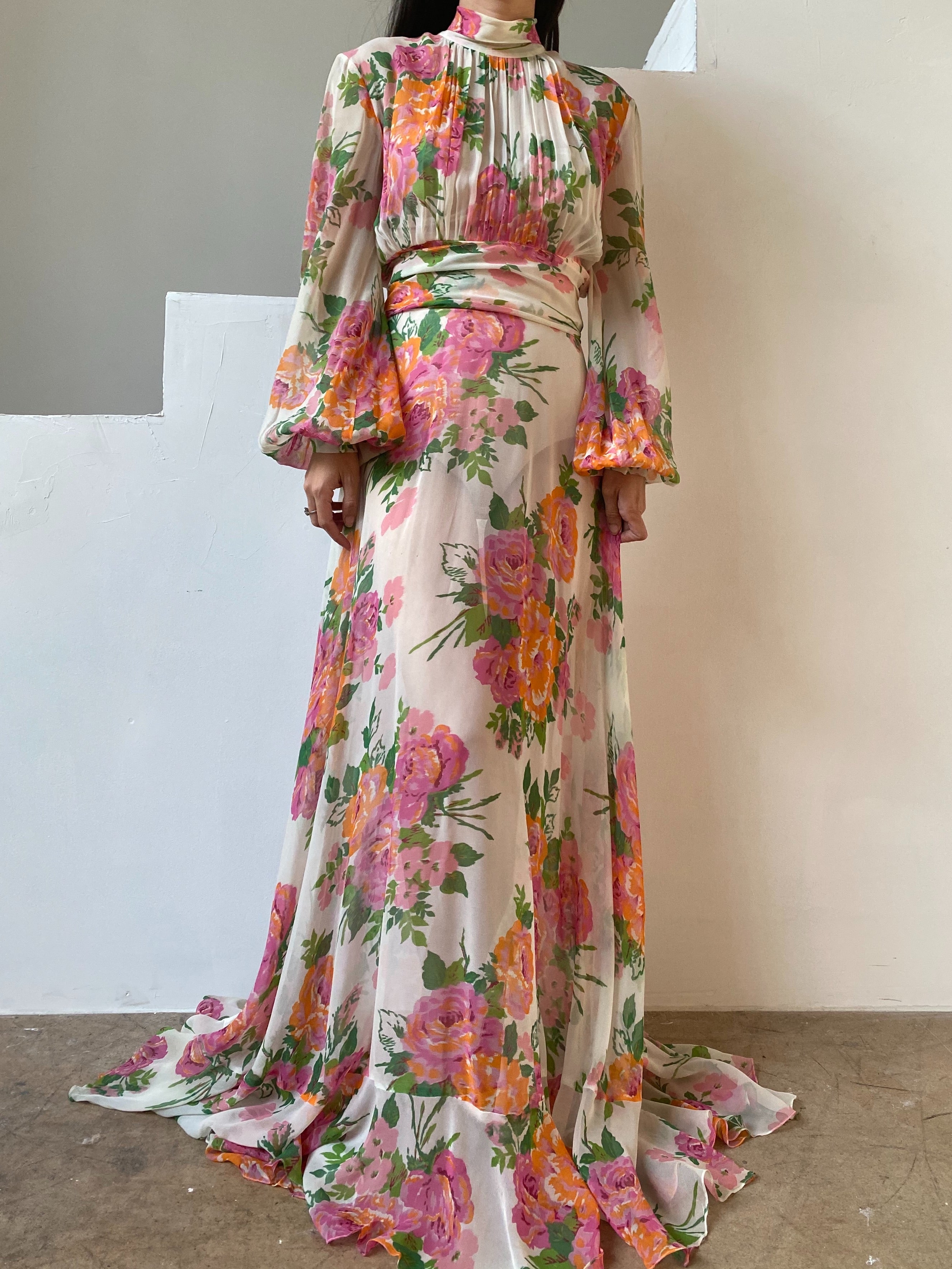 Vintage Silk Floral Chiffon Dress - S ...